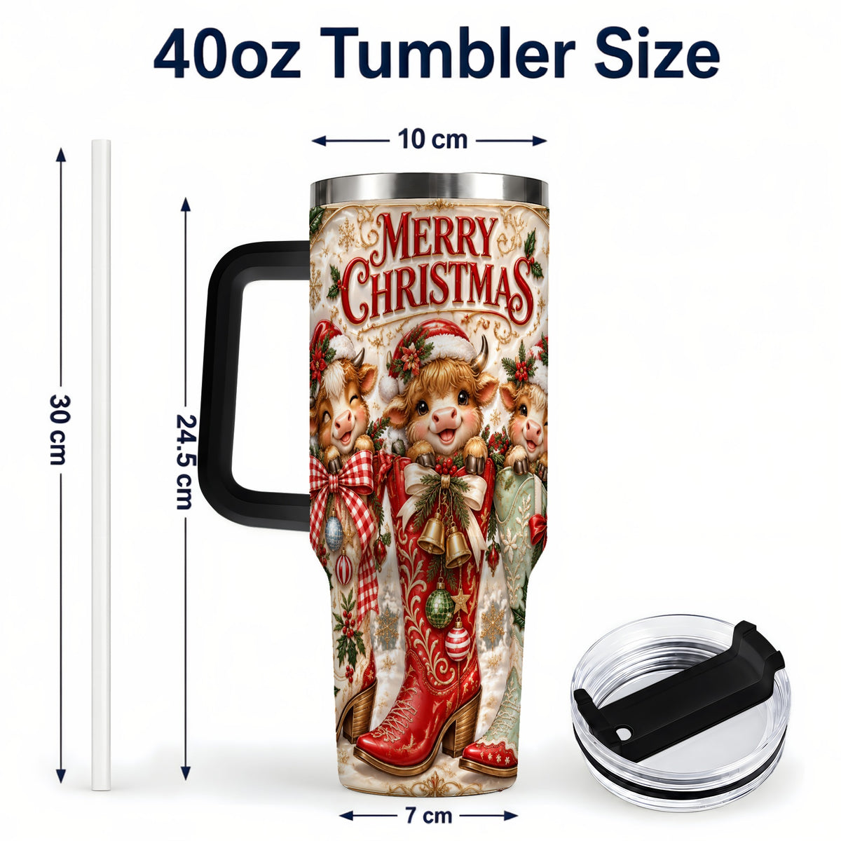 #pl[40oz|Black] Christmas Cow 40oz Tumbler, Cowboy Boots Stainless Steel Travel Cup