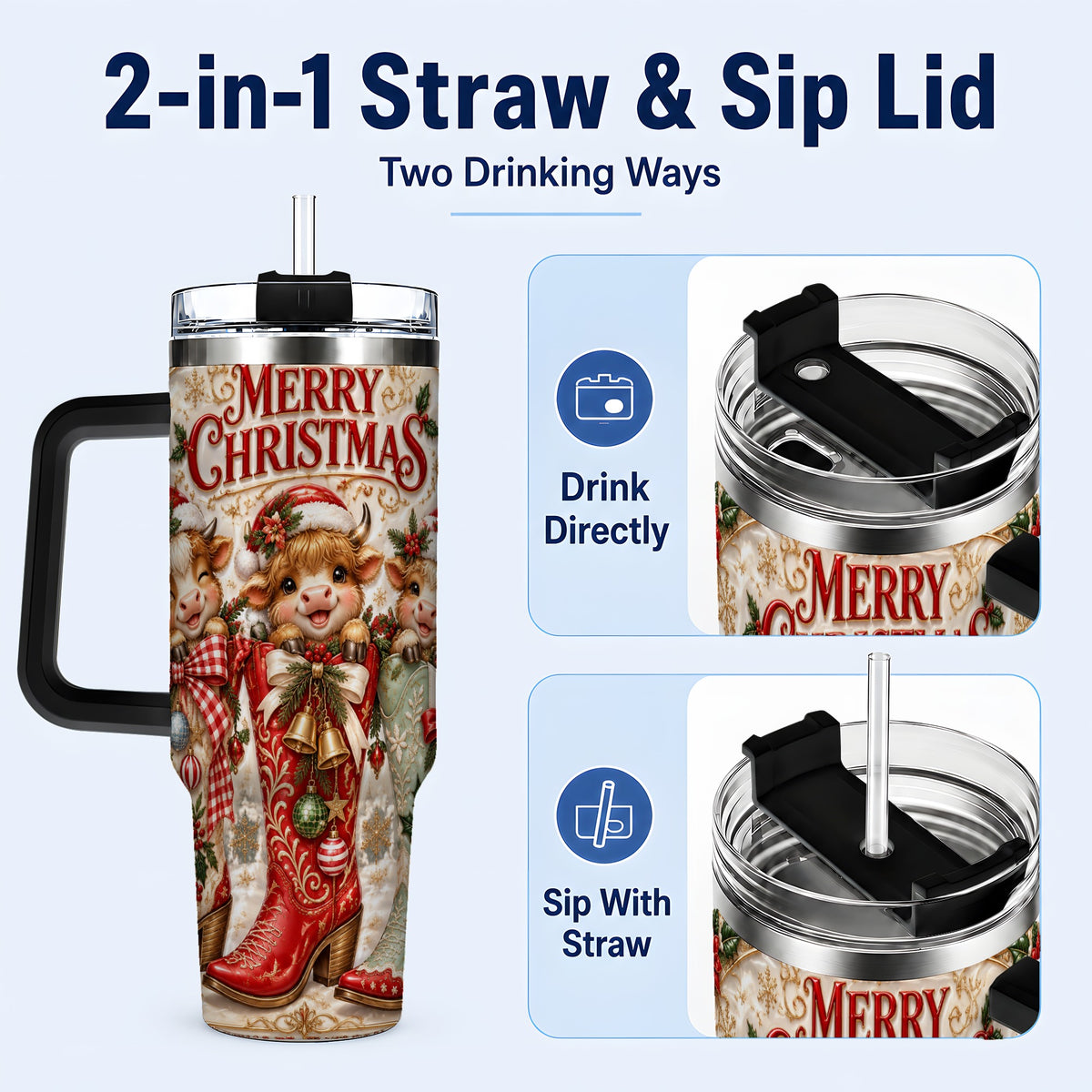 #pl[40oz|Black] Christmas Cow 40oz Tumbler, Cowboy Boots Stainless Steel Travel Cup