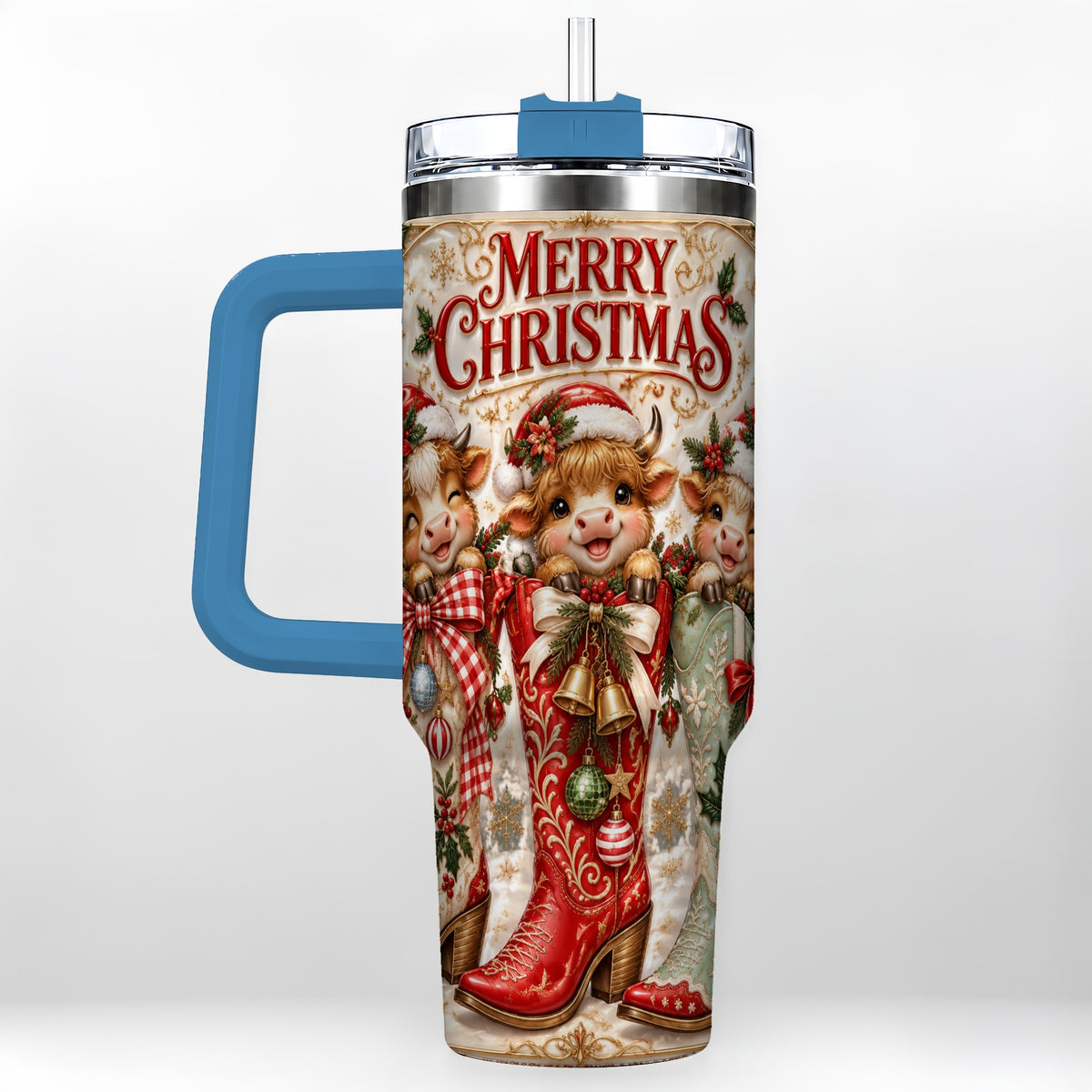 #pl[40oz|Blue] Christmas Cow 40oz Tumbler, Cowboy Boots Stainless Steel Travel Cup