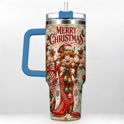 #pl[40oz|Blue] Christmas Cow 40oz Tumbler, Cowboy Boots Stainless Steel Travel Cup