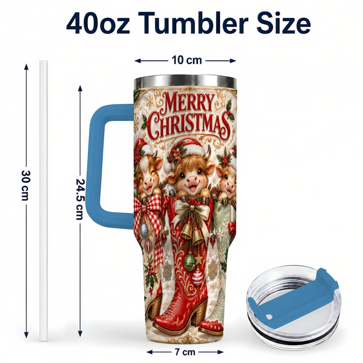 #pl[40oz|Blue] Christmas Cow 40oz Tumbler, Cowboy Boots Stainless Steel Travel Cup
