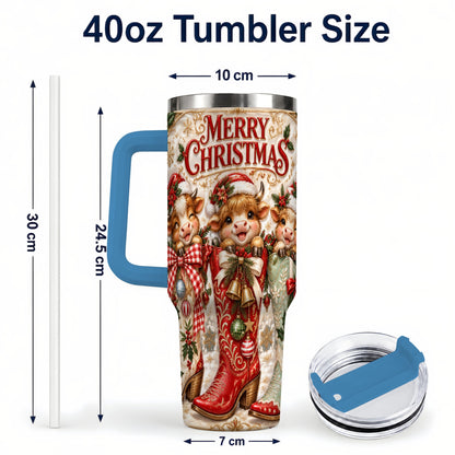 #pl[40oz|Blue] Christmas Cow 40oz Tumbler, Cowboy Boots Stainless Steel Travel Cup