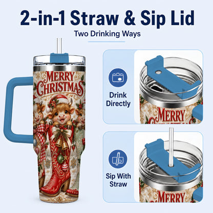 #pl[40oz|Blue] Christmas Cow 40oz Tumbler, Cowboy Boots Stainless Steel Travel Cup