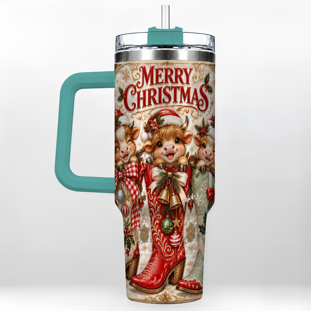 #pl[40oz|Green] Christmas Cow 40oz Tumbler, Cowboy Boots Stainless Steel Travel Cup