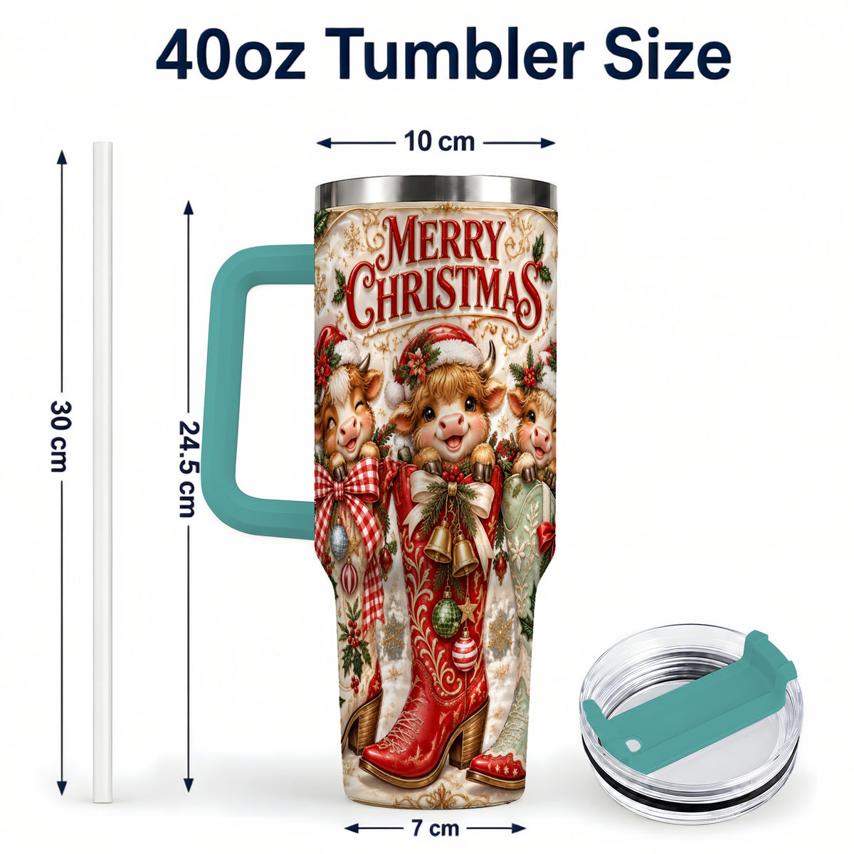 #pl[40oz|Green] Christmas Cow 40oz Tumbler, Cowboy Boots Stainless Steel Travel Cup