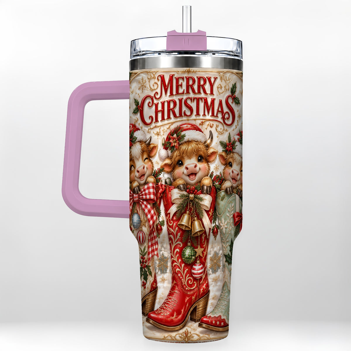 #pl[40oz|Pink] Christmas Cow 40oz Tumbler, Cowboy Boots Stainless Steel Travel Cup