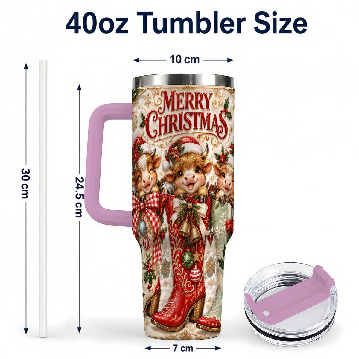 #pl[40oz|Pink] Christmas Cow 40oz Tumbler, Cowboy Boots Stainless Steel Travel Cup