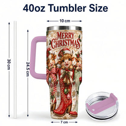 #pl[40oz|Pink] Christmas Cow 40oz Tumbler, Cowboy Boots Stainless Steel Travel Cup