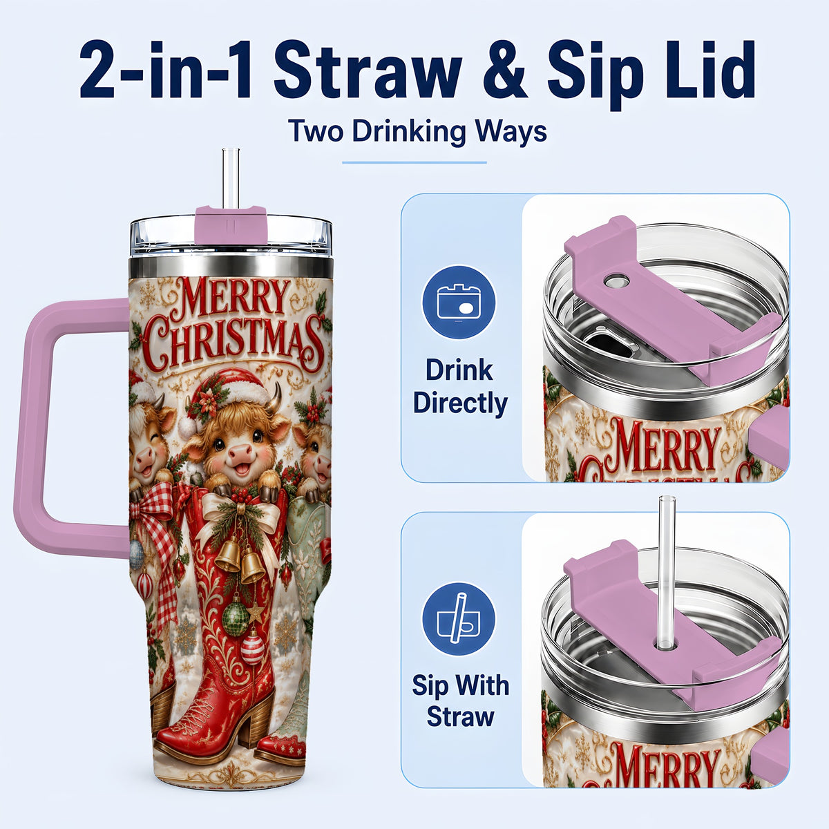 #pl[40oz|Pink] Christmas Cow 40oz Tumbler, Cowboy Boots Stainless Steel Travel Cup