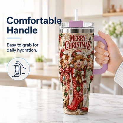 #pl[40oz|Pink] Christmas Cow 40oz Tumbler, Cowboy Boots Stainless Steel Travel Cup