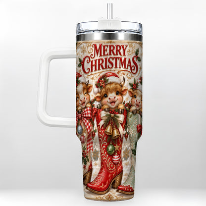 #pl[40oz|White] Christmas Cow 40oz Tumbler, Cowboy Boots Stainless Steel Travel Cup