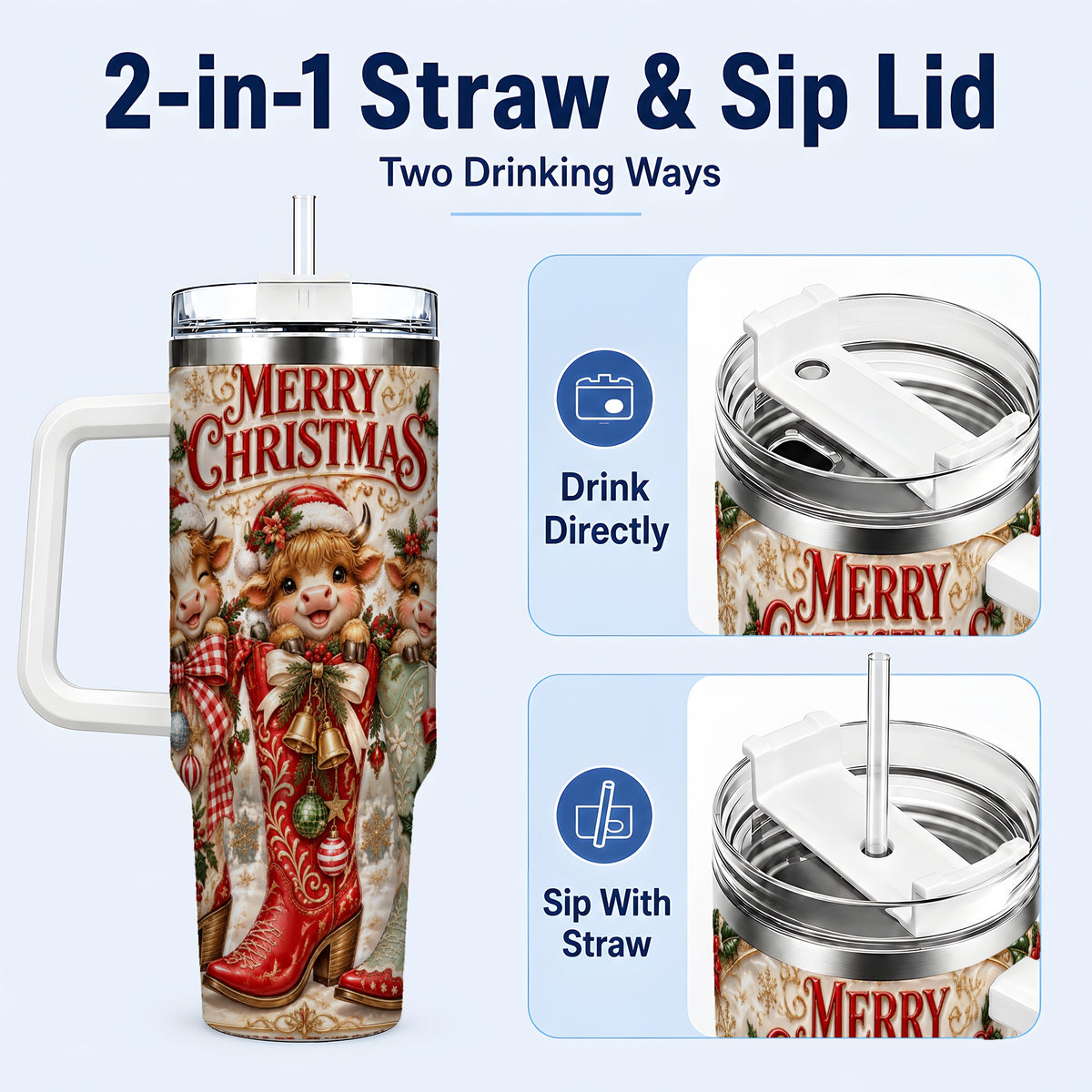 #pl[40oz|White] Christmas Cow 40oz Tumbler, Cowboy Boots Stainless Steel Travel Cup