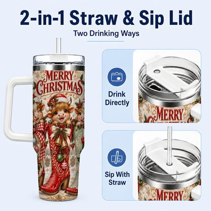#pl[40oz|White] Christmas Cow 40oz Tumbler, Cowboy Boots Stainless Steel Travel Cup