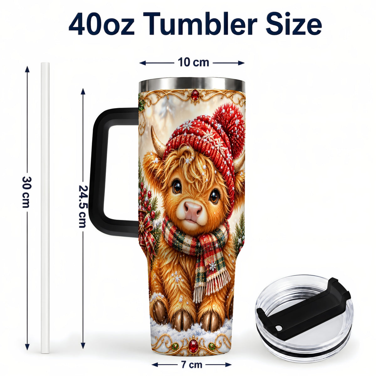 #pl[40oz|Black] Christmas Highland Cow 40oz Tumbler with Handle, Winter Travel Cup