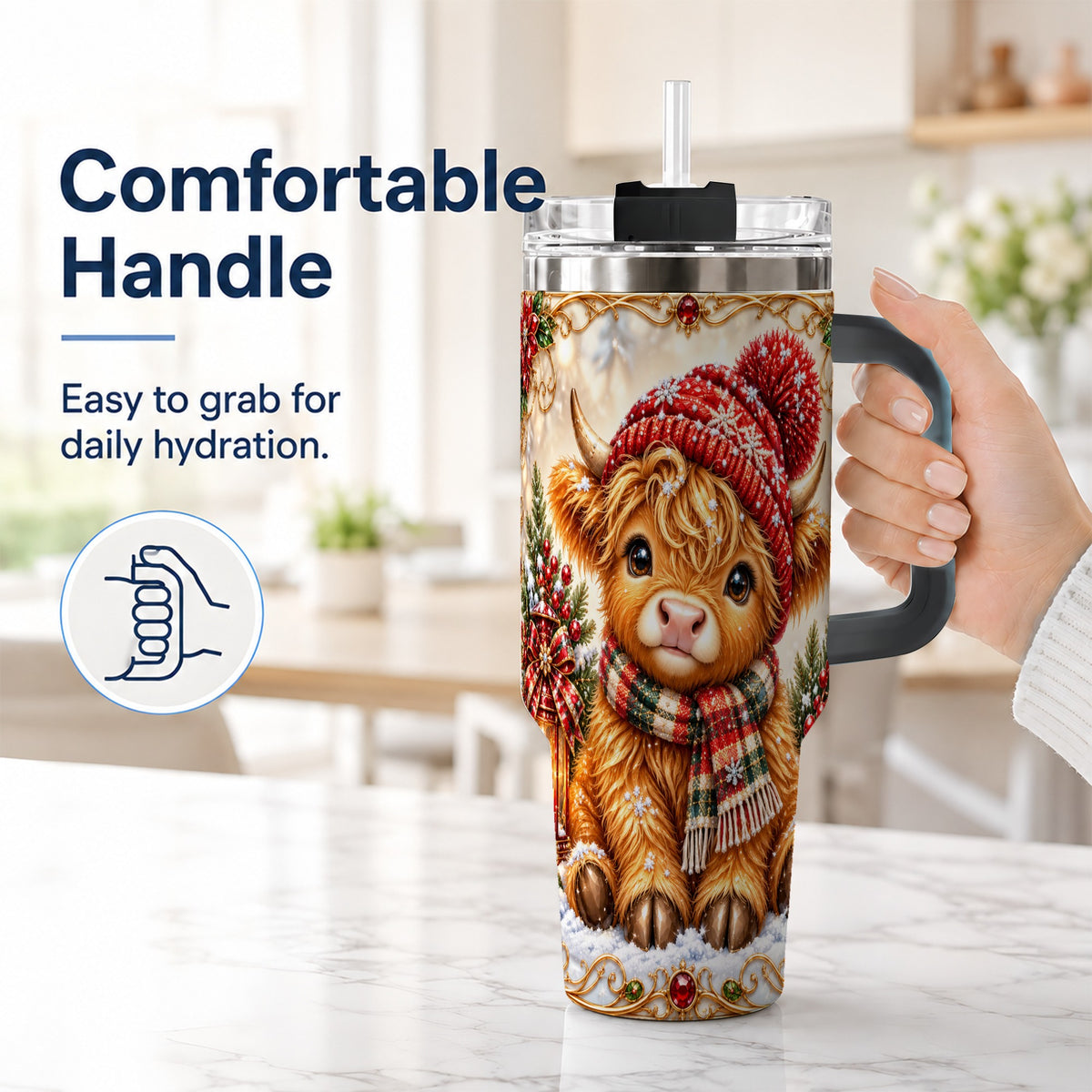 #pl[40oz|Black] Christmas Highland Cow 40oz Tumbler with Handle, Winter Travel Cup
