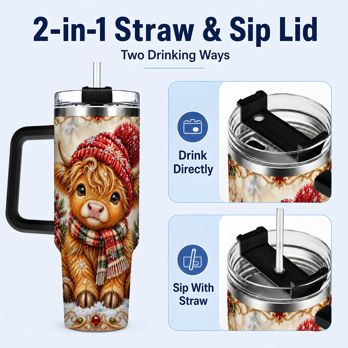 #pl[40oz|Black] Christmas Highland Cow 40oz Tumbler with Handle, Winter Travel Cup