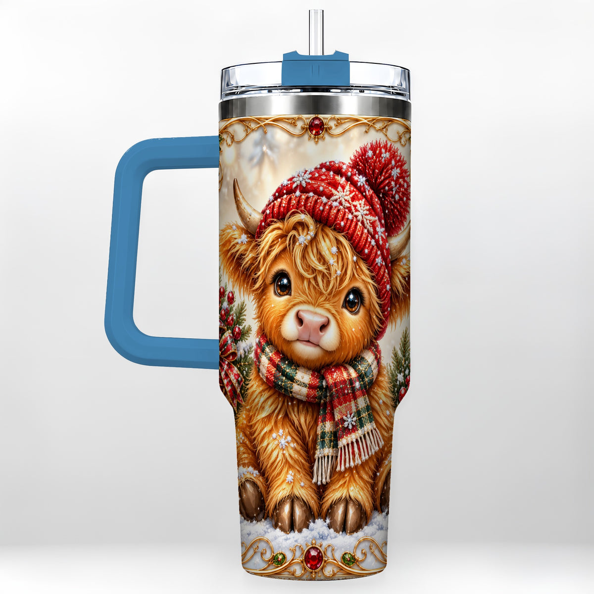 #pl[40oz|Blue] Christmas Highland Cow 40oz Tumbler with Handle, Winter Travel Cup