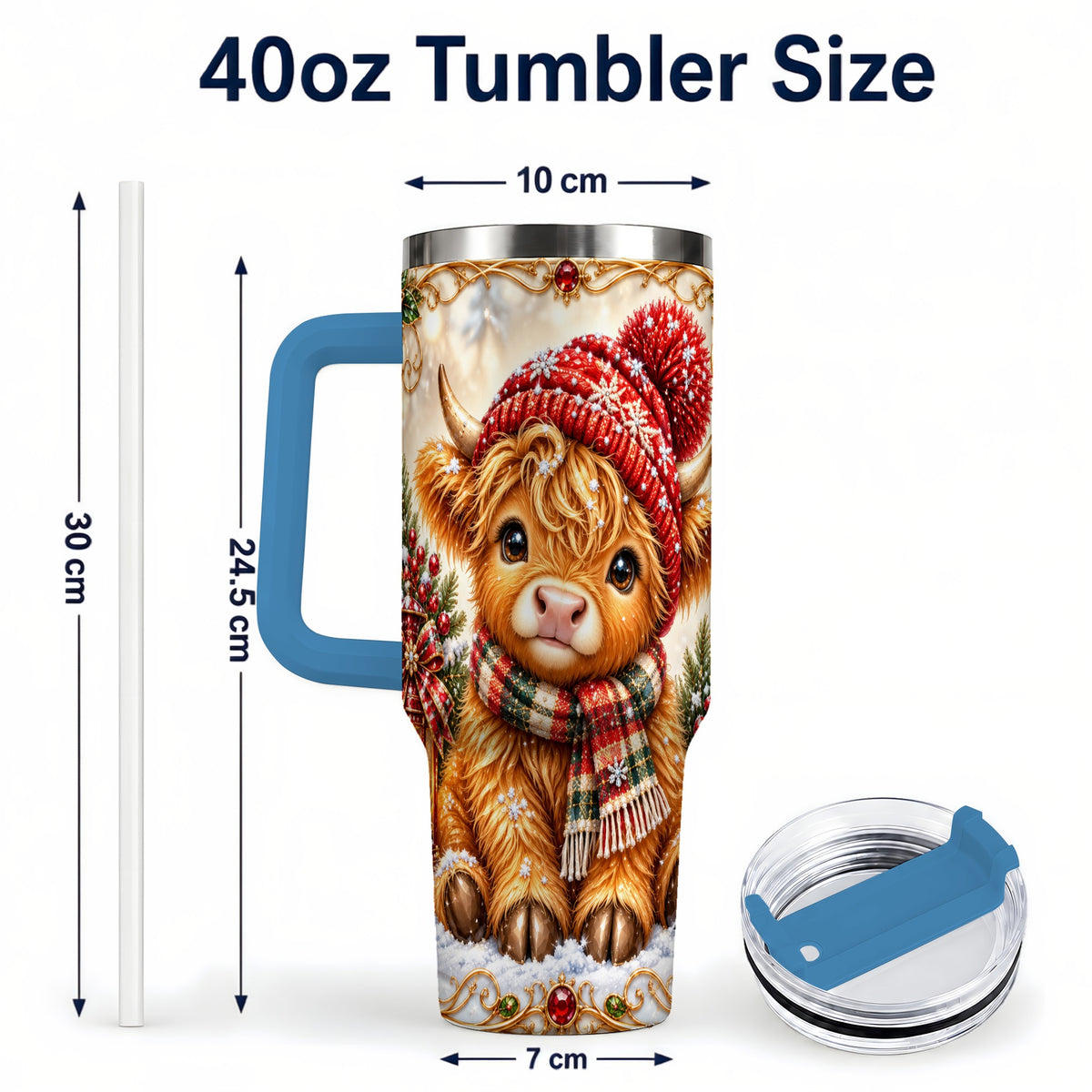 #pl[40oz|Blue] Christmas Highland Cow 40oz Tumbler with Handle, Winter Travel Cup