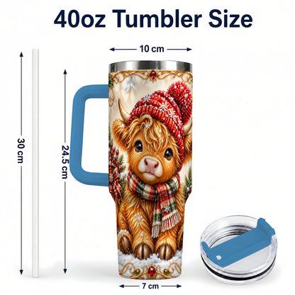 #pl[40oz|Blue] Christmas Highland Cow 40oz Tumbler with Handle, Winter Travel Cup