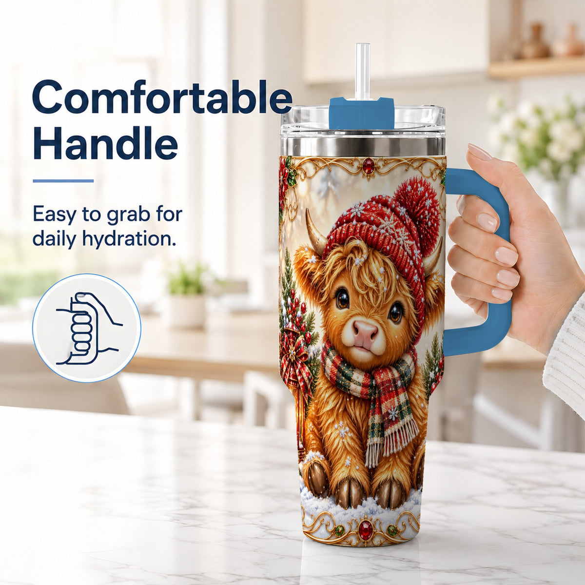 #pl[40oz|Blue] Christmas Highland Cow 40oz Tumbler with Handle, Winter Travel Cup