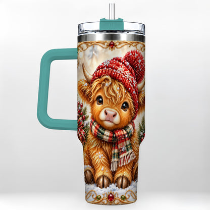 #pl[40oz|Green] Christmas Highland Cow 40oz Tumbler with Handle, Winter Travel Cup