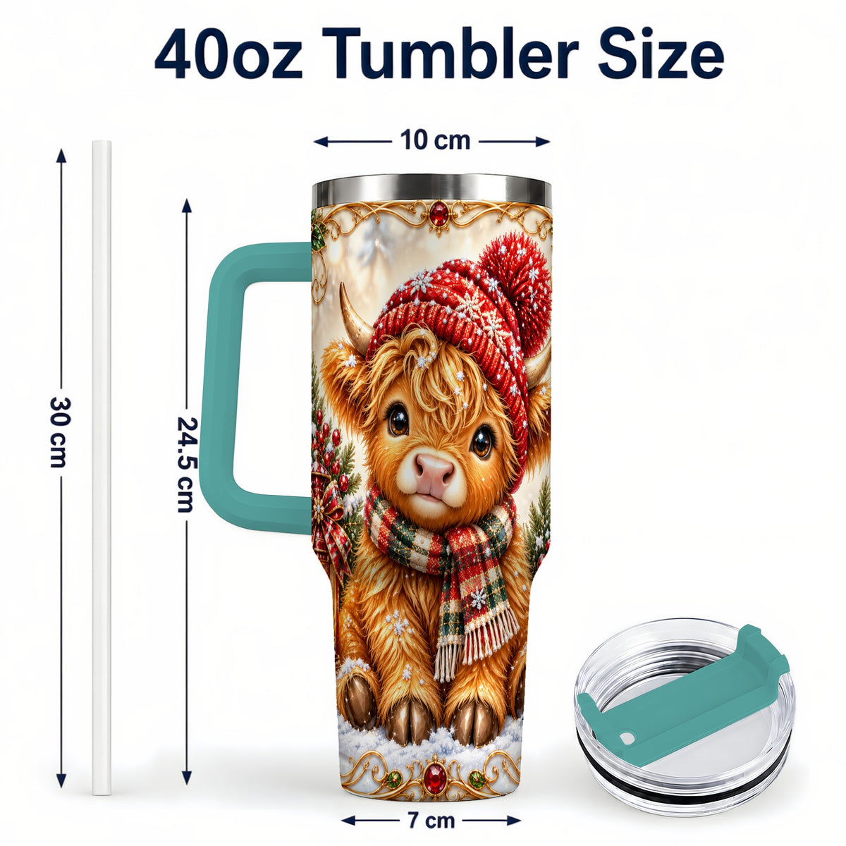#pl[40oz|Green] Christmas Highland Cow 40oz Tumbler with Handle, Winter Travel Cup