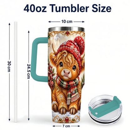#pl[40oz|Green] Christmas Highland Cow 40oz Tumbler with Handle, Winter Travel Cup