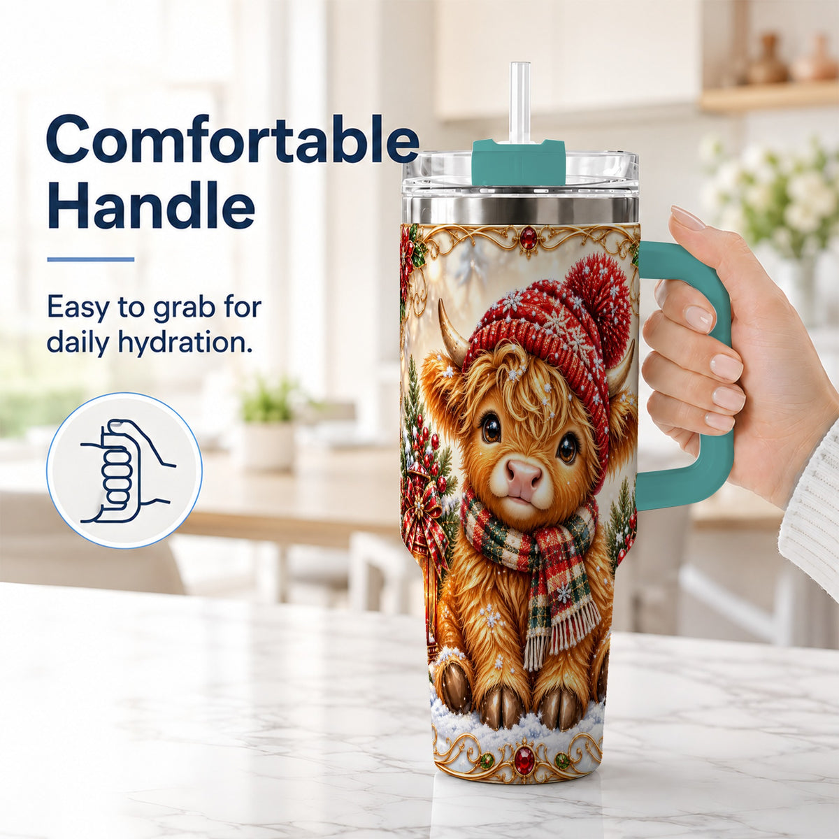 #pl[40oz|Green] Christmas Highland Cow 40oz Tumbler with Handle, Winter Travel Cup