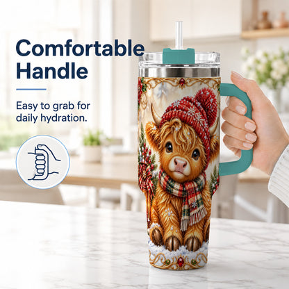 #pl[40oz|Green] Christmas Highland Cow 40oz Tumbler with Handle, Winter Travel Cup