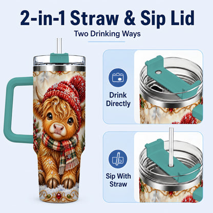 #pl[40oz|Green] Christmas Highland Cow 40oz Tumbler with Handle, Winter Travel Cup
