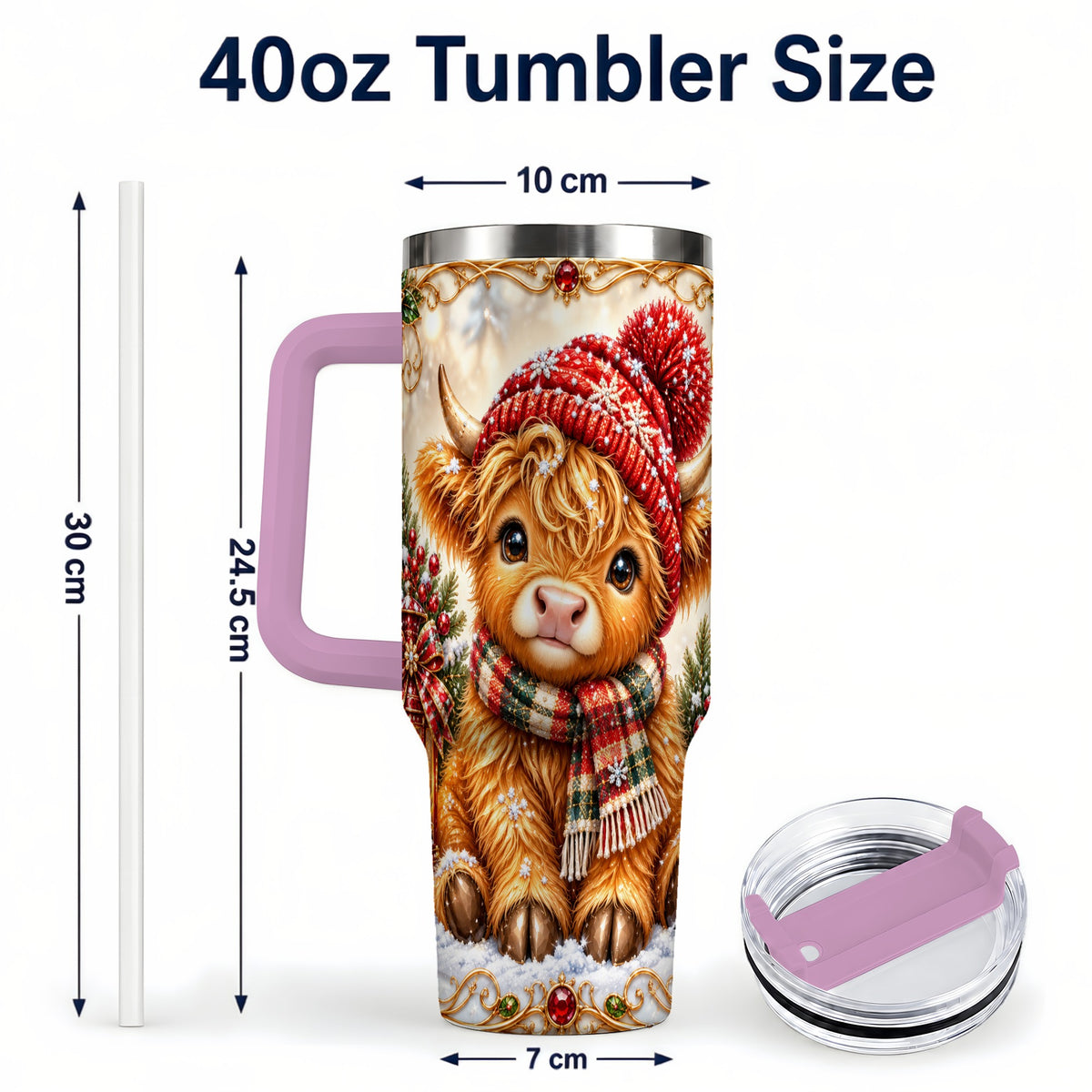 #pl[40oz|Pink] Christmas Highland Cow 40oz Tumbler with Handle, Winter Travel Cup