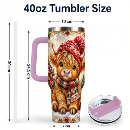 #pl[40oz|Pink] Christmas Highland Cow 40oz Tumbler with Handle, Winter Travel Cup