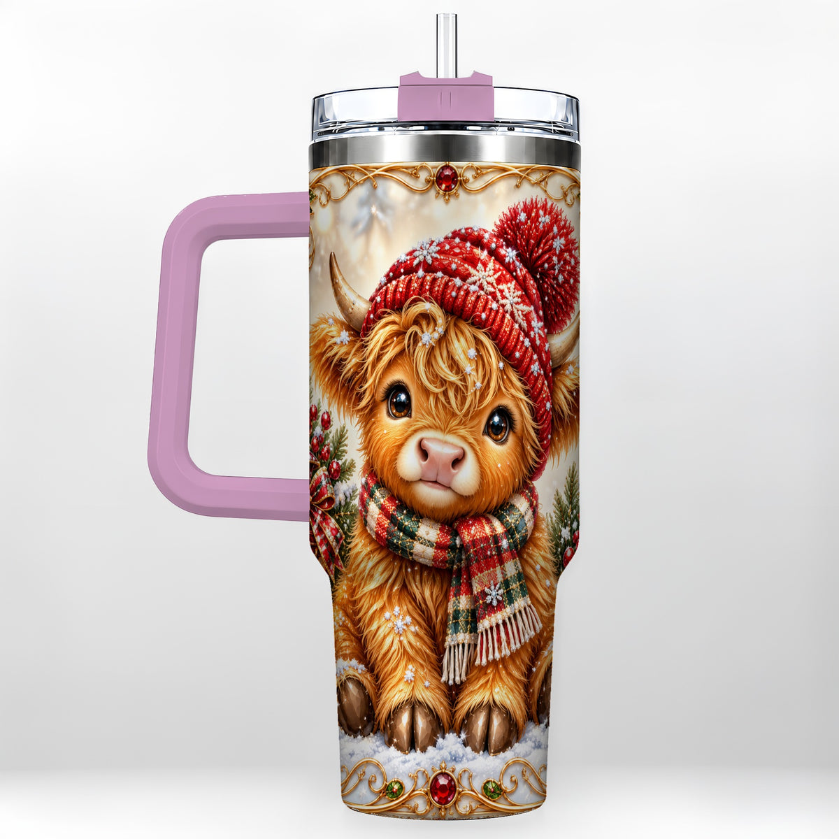 #pl[40oz|Pink] Christmas Highland Cow 40oz Tumbler with Handle, Winter Travel Cup