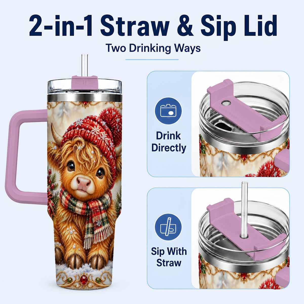 #pl[40oz|Pink] Christmas Highland Cow 40oz Tumbler with Handle, Winter Travel Cup