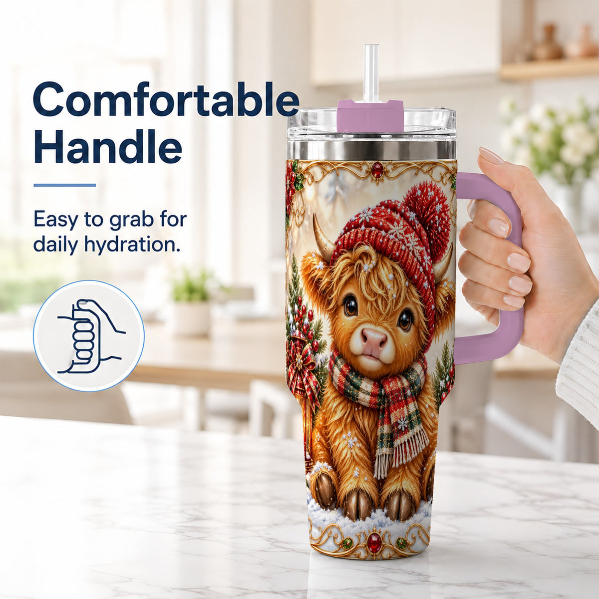 #pl[40oz|Pink] Christmas Highland Cow 40oz Tumbler with Handle, Winter Travel Cup