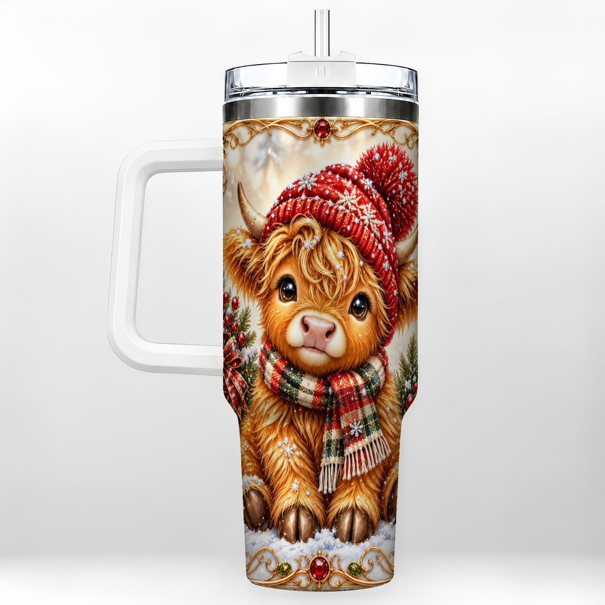 #pl[40oz|White] Christmas Highland Cow 40oz Tumbler with Handle, Winter Travel Cup