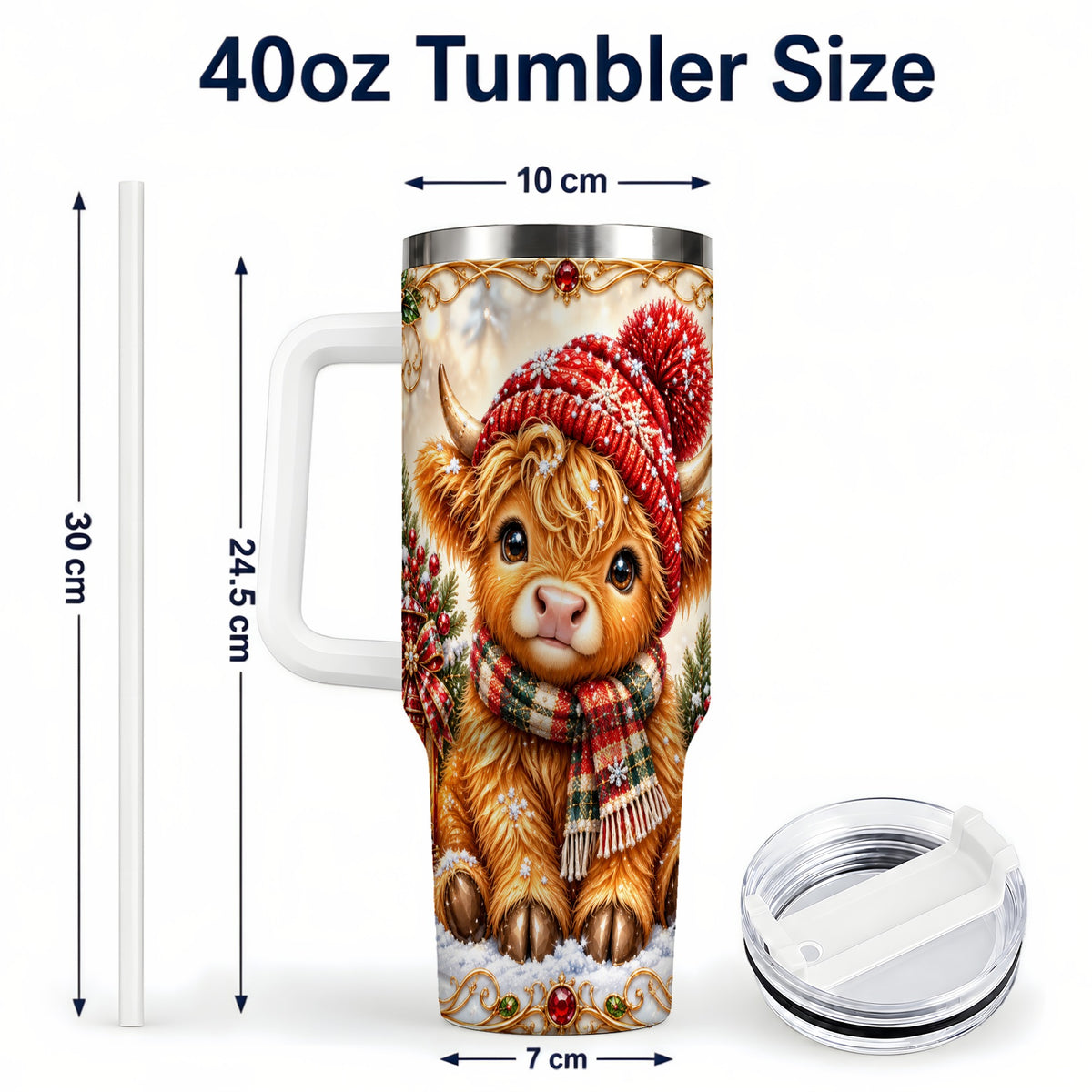 #pl[40oz|White] Christmas Highland Cow 40oz Tumbler with Handle, Winter Travel Cup
