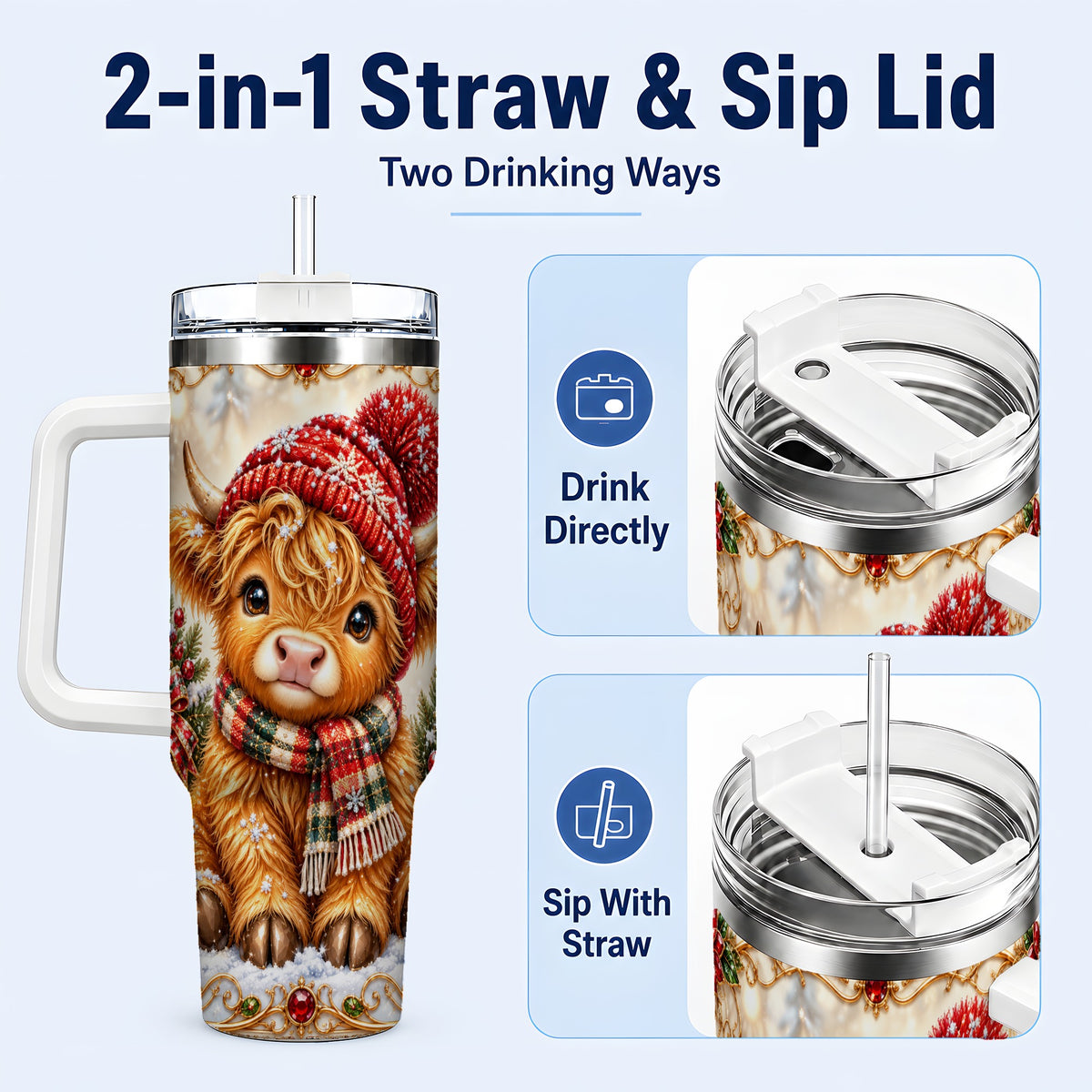#pl[40oz|White] Christmas Highland Cow 40oz Tumbler with Handle, Winter Travel Cup
