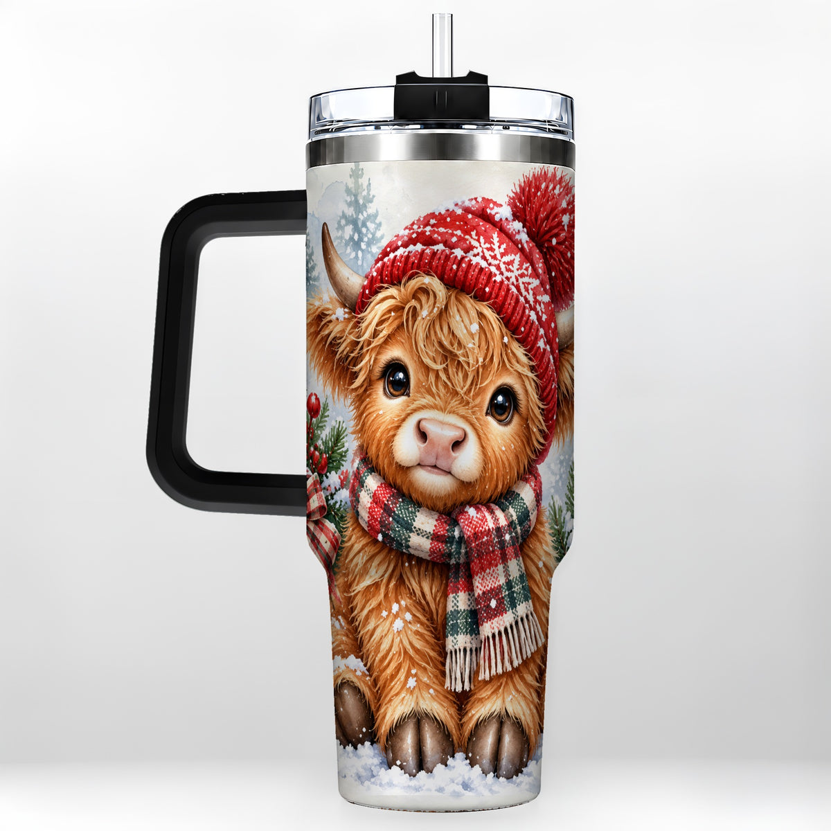 #pl[40oz|Black] Watercolor Highland Cow 40oz Tumbler with Handle, Winter Travel Cup