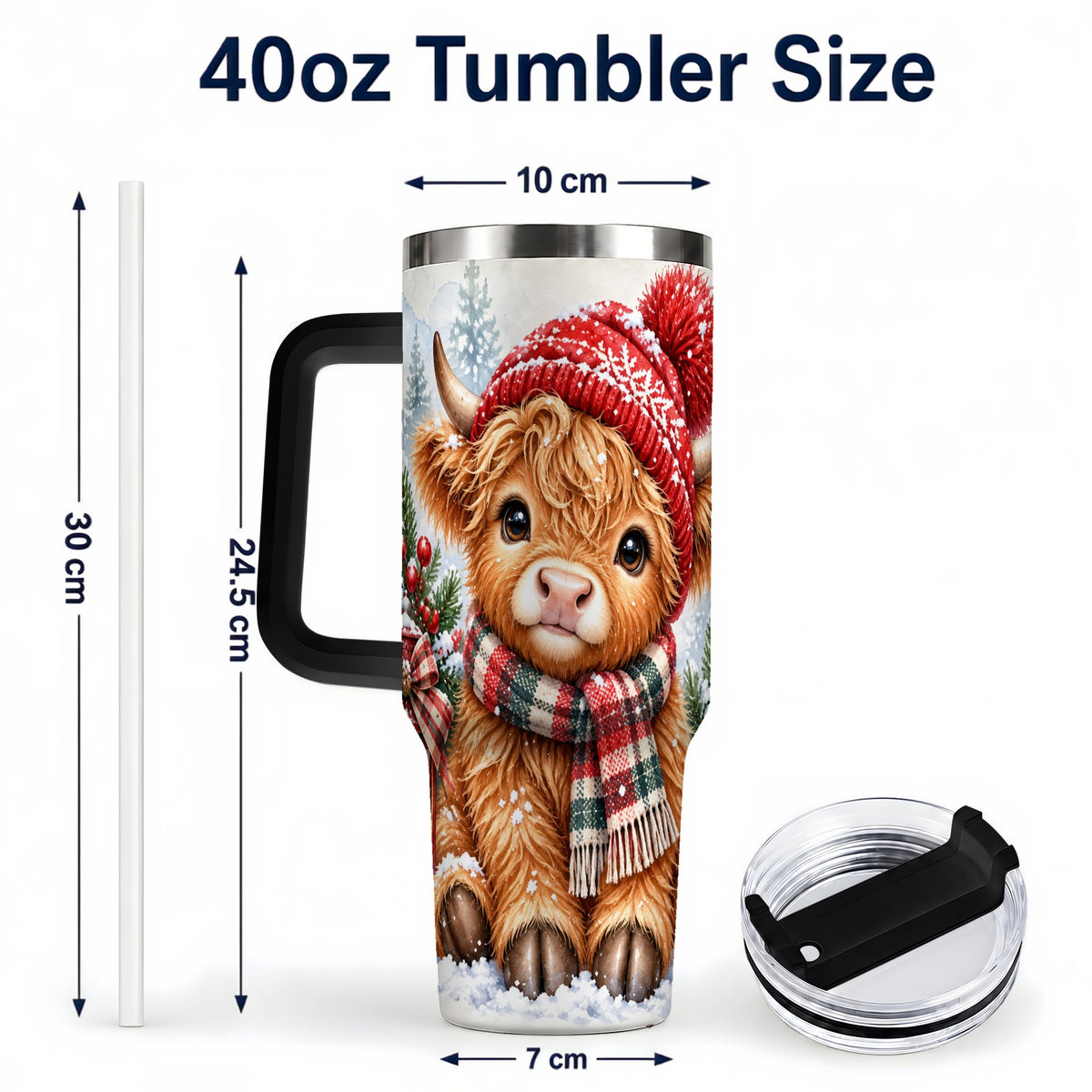 #pl[40oz|Black] Watercolor Highland Cow 40oz Tumbler with Handle, Winter Travel Cup