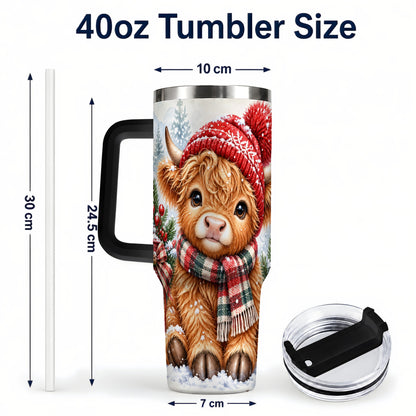 #pl[40oz|Black] Watercolor Highland Cow 40oz Tumbler with Handle, Winter Travel Cup