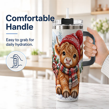 #pl[40oz|Black] Watercolor Highland Cow 40oz Tumbler with Handle, Winter Travel Cup