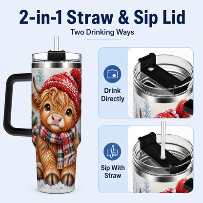 #pl[40oz|Black] Watercolor Highland Cow 40oz Tumbler with Handle, Winter Travel Cup