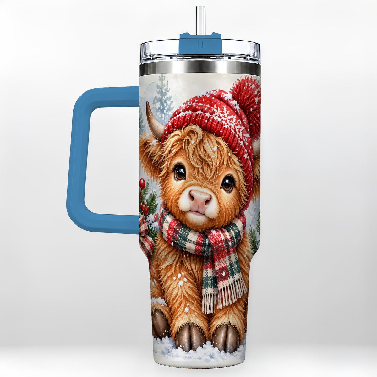 #pl[40oz|Blue] Watercolor Highland Cow 40oz Tumbler with Handle, Winter Travel Cup