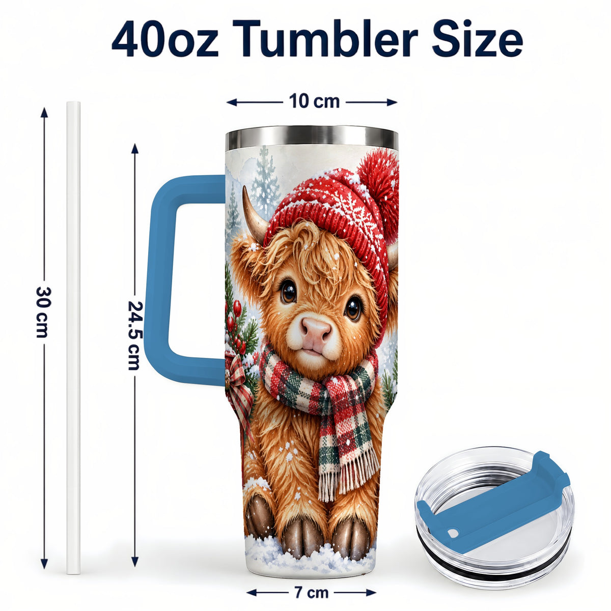 #pl[40oz|Blue] Watercolor Highland Cow 40oz Tumbler with Handle, Winter Travel Cup