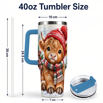 #pl[40oz|Blue] Watercolor Highland Cow 40oz Tumbler with Handle, Winter Travel Cup
