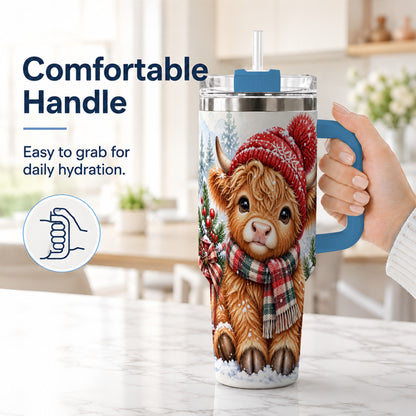 #pl[40oz|Blue] Watercolor Highland Cow 40oz Tumbler with Handle, Winter Travel Cup