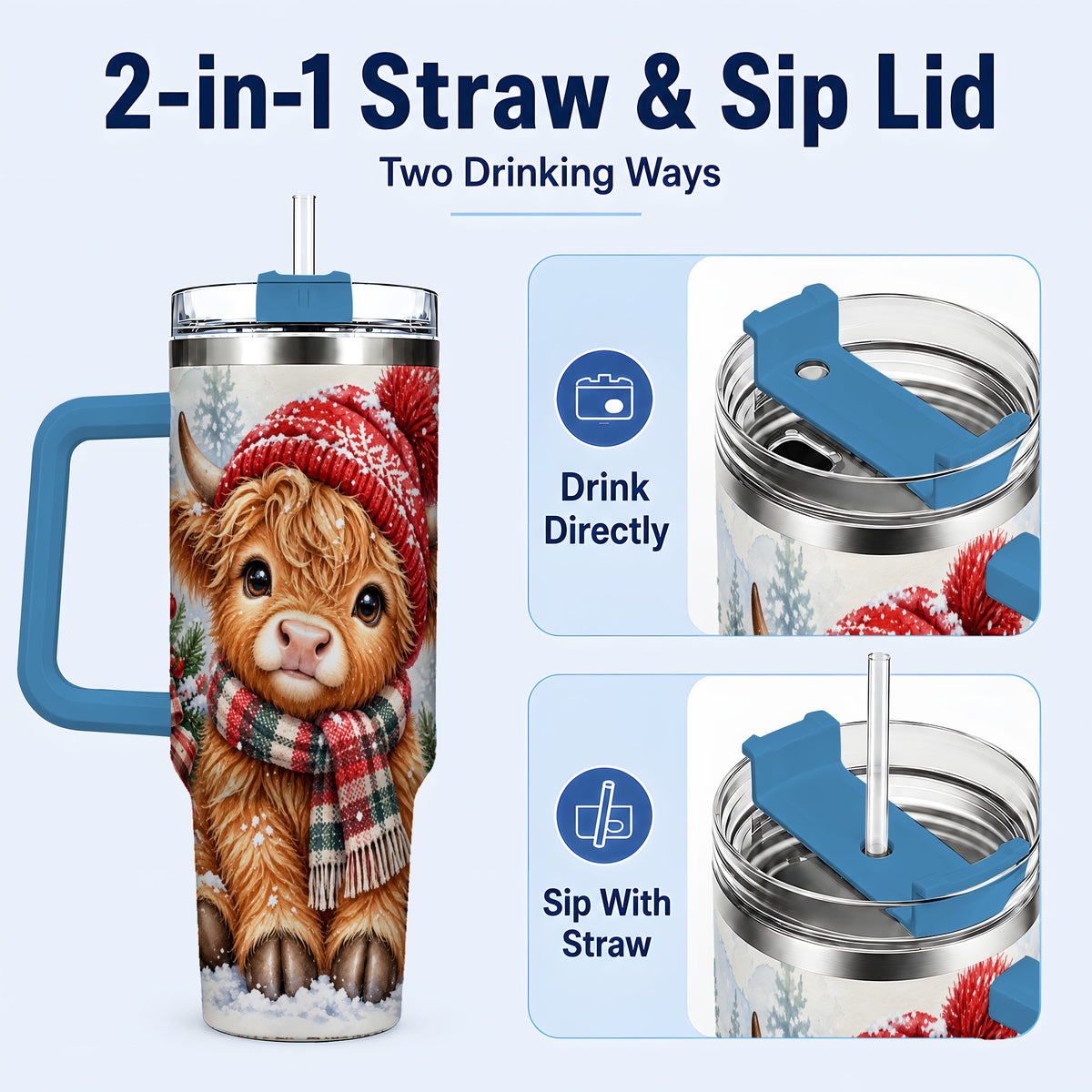 #pl[40oz|Blue] Watercolor Highland Cow 40oz Tumbler with Handle, Winter Travel Cup