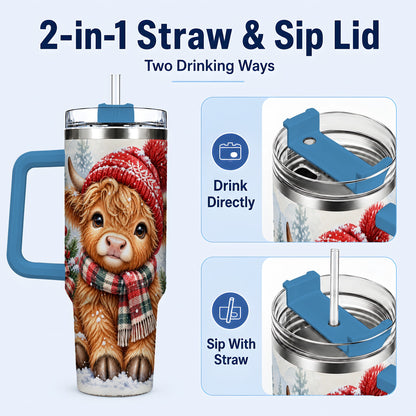 #pl[40oz|Blue] Watercolor Highland Cow 40oz Tumbler with Handle, Winter Travel Cup