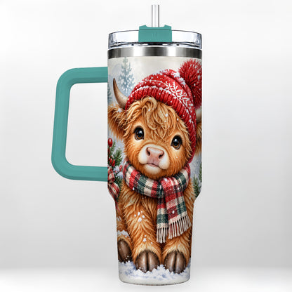 #pl[40oz|Green] Watercolor Highland Cow 40oz Tumbler with Handle, Winter Travel Cup